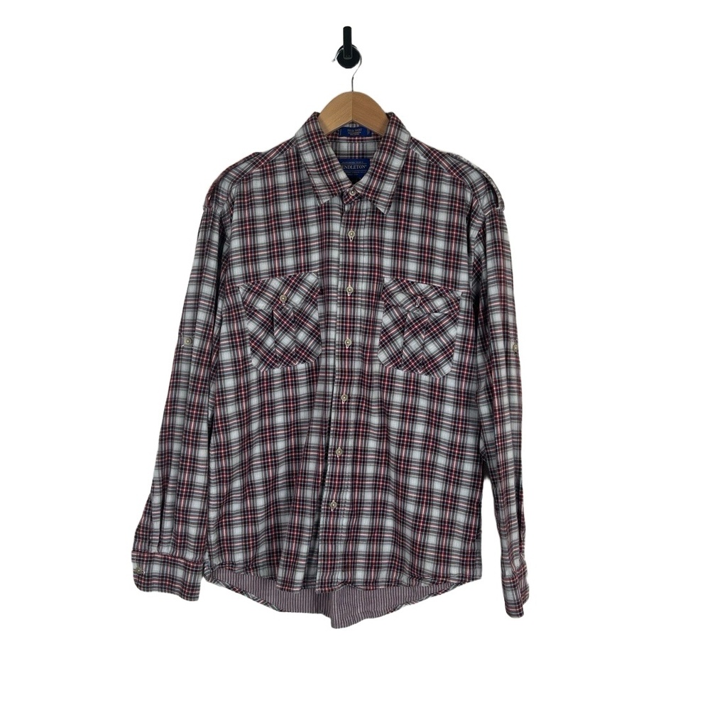 PENDLETON Large Red White Turquoise Plaid Deck Shirt Lined Classic Lumberjack